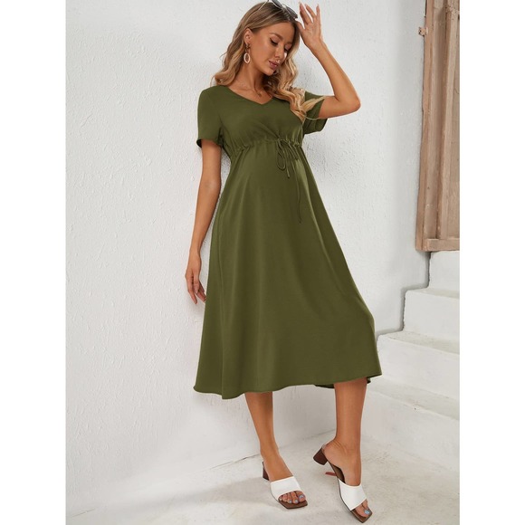 Maternity Drawstring Waist short sleeve midi Dress black - Picture 3 of 11